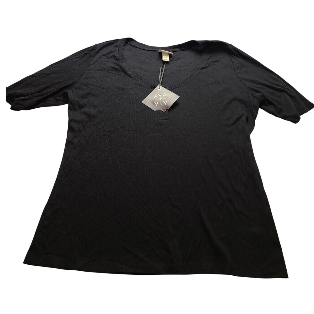Ava & Viv Women's XXL Black‎ Ribbed Henley V-Neck Short Sleeve Plus Size Top NWT